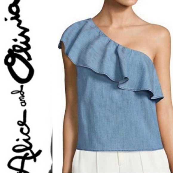 COPY- NWT Saks Fifth Avenue Exclusive Alice & Olivia Chambray Calla Top … - Picture 1 of 12